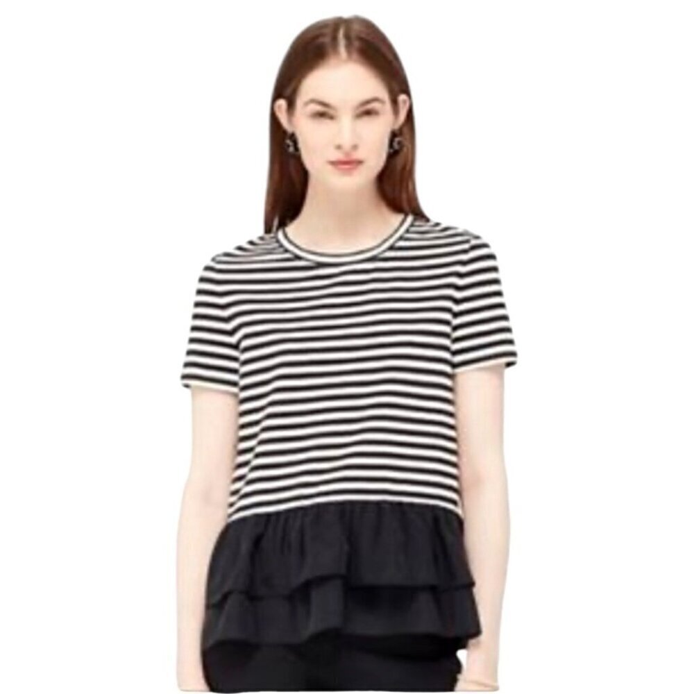 Kate Spade Broome Street Shirt Women Small Black White Striped Ruffle Peplum Top